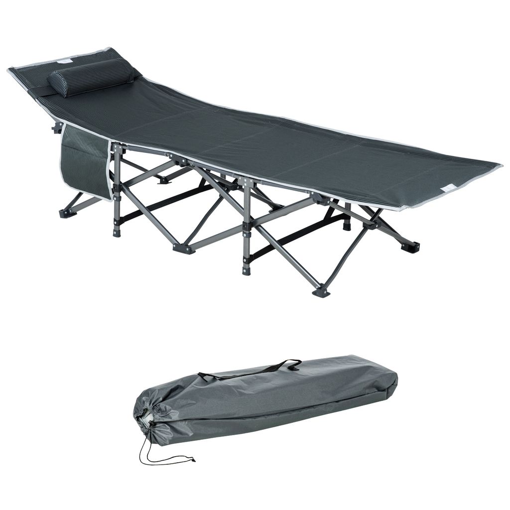 Outsunny Campingbett klappbar Feldbett Klappbett mit Kopfkissen Seitentasche Gästebett bis 150 kg belastbar Reisen Outdoor Oxford Grau