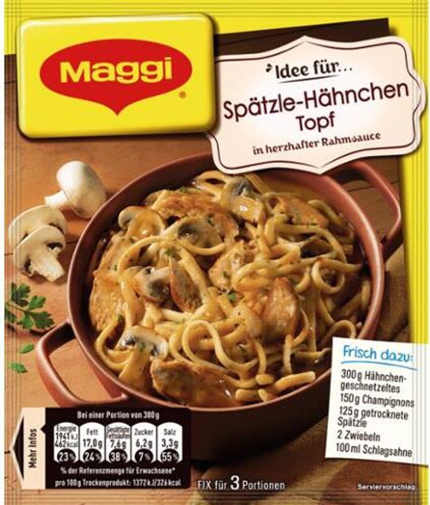 Maggi Fix für Hähnchen Spätzle Topf mit Zwiebeln und Produktbild 