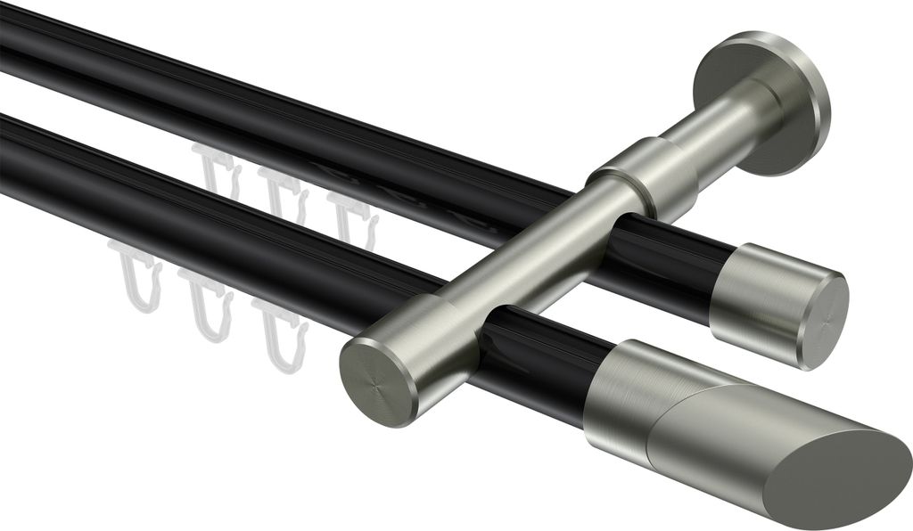 Interdeco Innenlaufstange / Gardinenstange mit Innenlauf Schwarz / Edelstahl-Optik, Typ Prestige Verano (Schräge Bicolor), 20 mm Ø 2-läufig, 220 cm