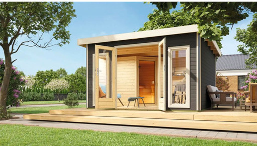 Saunahaus Karibu Sainburga 3 Set A inkl. 9 kW Ofen u.ext. Steuerung mit Vorraum, Fenster und Holztüre mit Klarglas t