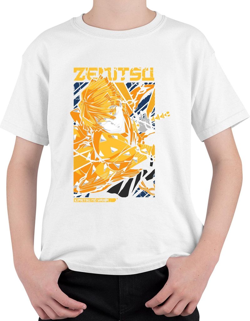 Zenitsu Agatsuma Kimetsu no Yaiba Blitz Schwert Anime Japan Y2K Streetwear Manga Uni Kinder T-Shirt, Weiß, 128