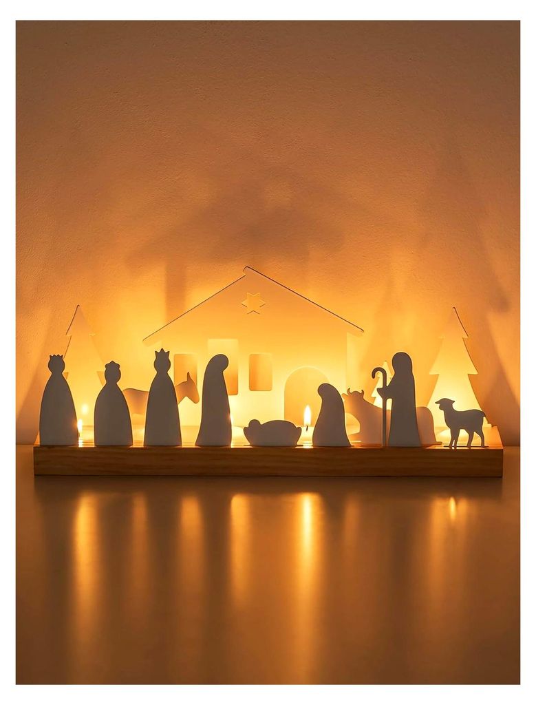 Weihnachtskrippe Kerzenständer Set: Komplettset für Innenraumdekoration mit Holzsockel, weißes Krippenset für Tisch und Wohnzimmer, geeignet f...