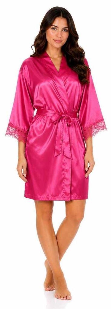 Damen Satin Morgenmantel Kimono kurz mit Spitze Bademantel Produktbild 