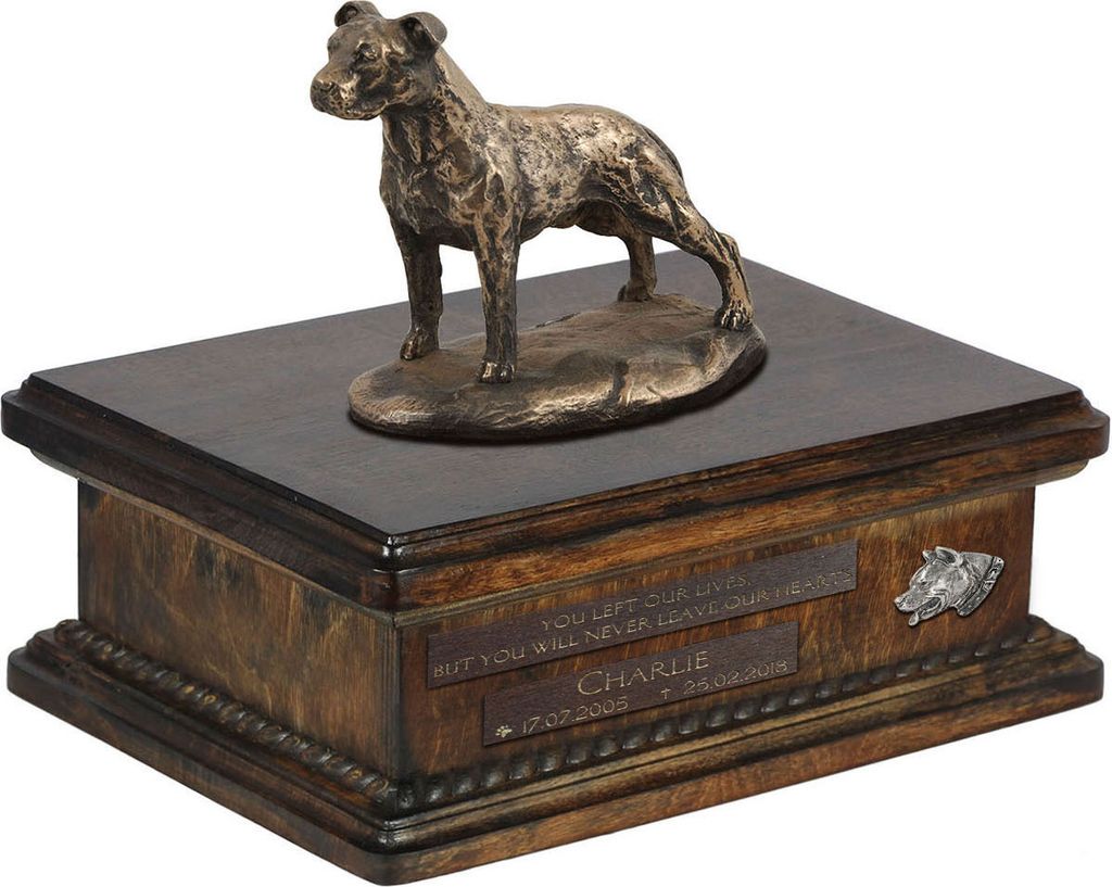 American Staffordshire Terrier, Amstaff V urne in Hundeasche, personalisierte Urne mit Statue, Holzurne mit Hund von Art-Dog