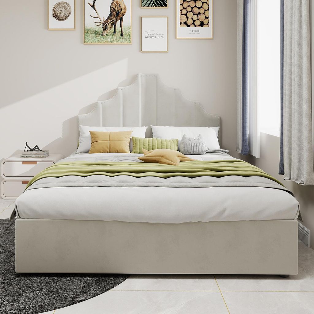 Sweiko Modern minimalist soft bed, comfortable and soft headboard, 160x200CM, beige, multifunctional bedroom furniture, high box bed frame with hyd...