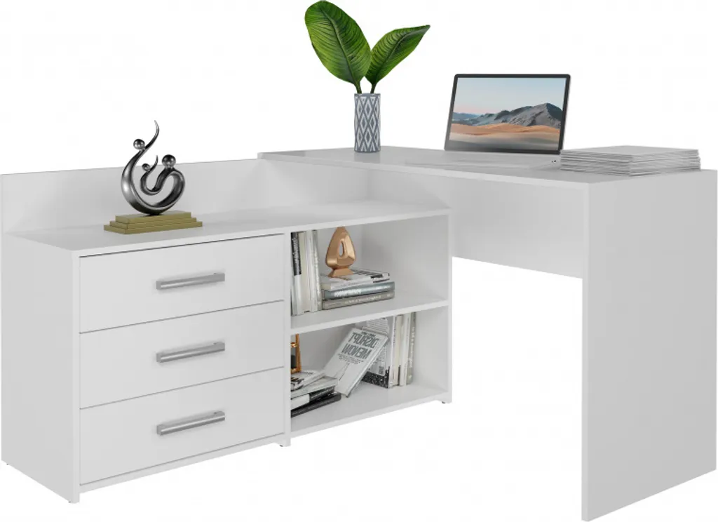 Bureau MIKOL avec commode intégrée blanc mat 120cm gain de place idéal