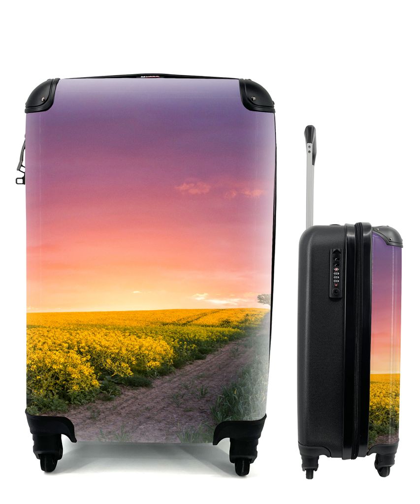 MuchoWow Koffer Handgepäck Trolley Rollkoffer Kleine Reisekoffer mit 4 Rollen - Blumen - Straße - Himmel - Gelb - Lila - Sonnenuntergang - Natu...
