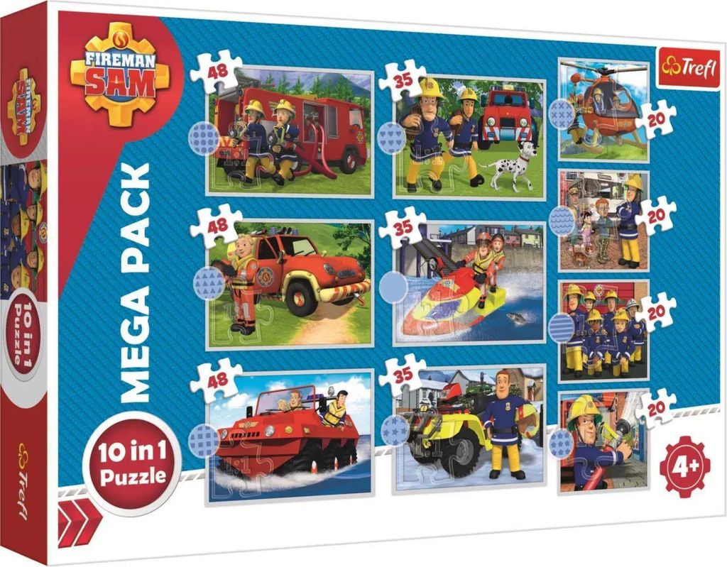 The image shows the packaging of a "Fireman Sam" 10-in-1 puzzle mega pack. The front of the box displays various scenes from the "Fireman Sam" cartoon, featuring the characters and vehicles.