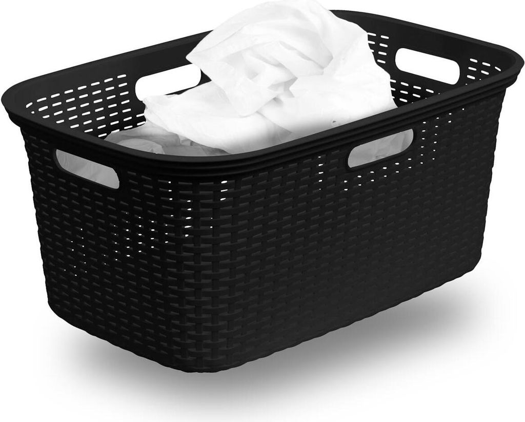 Novaliv Rattan Wäschekorb mit 4 Griffen 40L Schwarz, Produktbild 