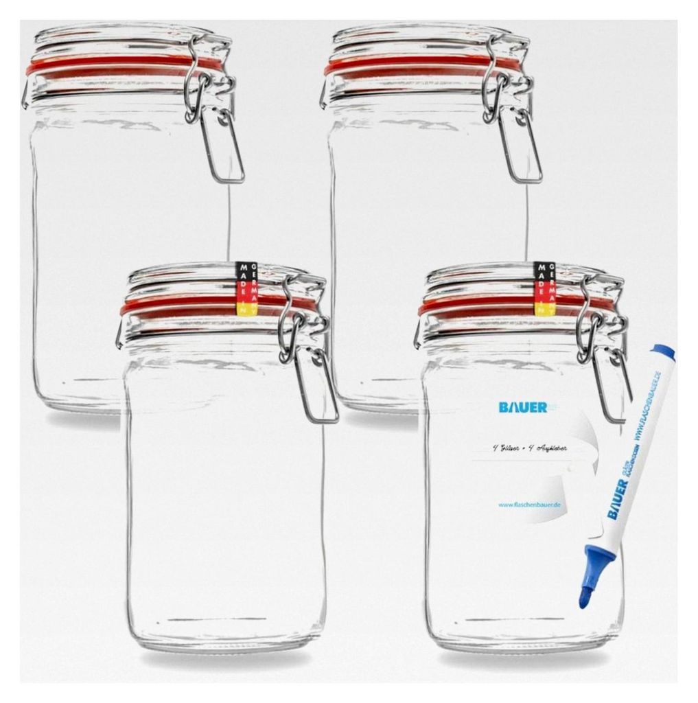 Flaschenbauer - 4-teiliges Set Drahtbügel-Vorratsgläser 1150ml, geeignet für Einmach- und Fermentierzwecke, zur Aufbewahrung und Befüllung, ink...