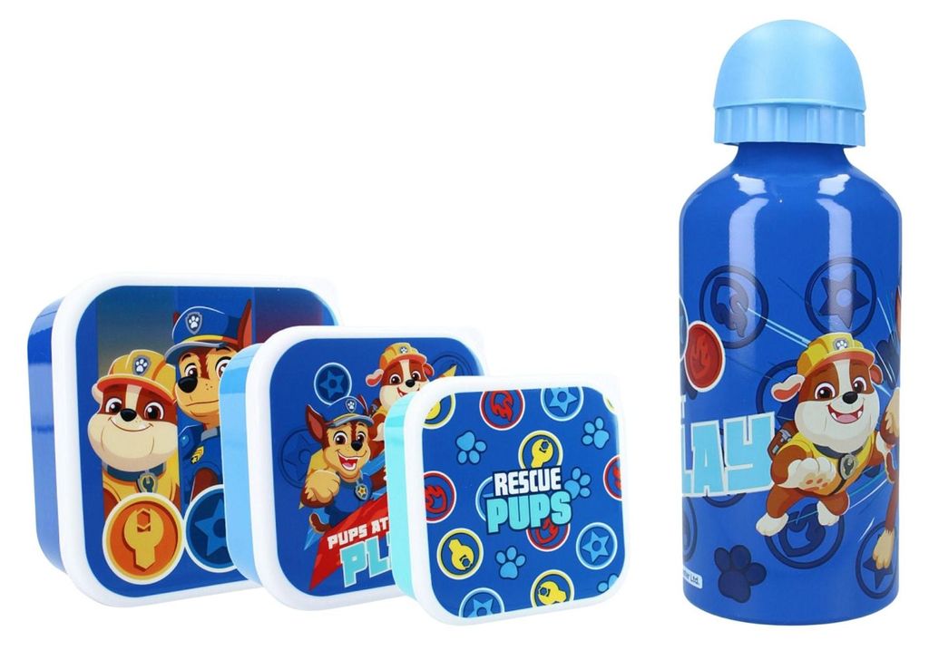 Paw Patrol Brotdosen-Set mit Chase, Rubble & Marshall Motiv, 3 Snackboxen (verschiedene Größen), auslaufsichere Trinkflasche 500 ml