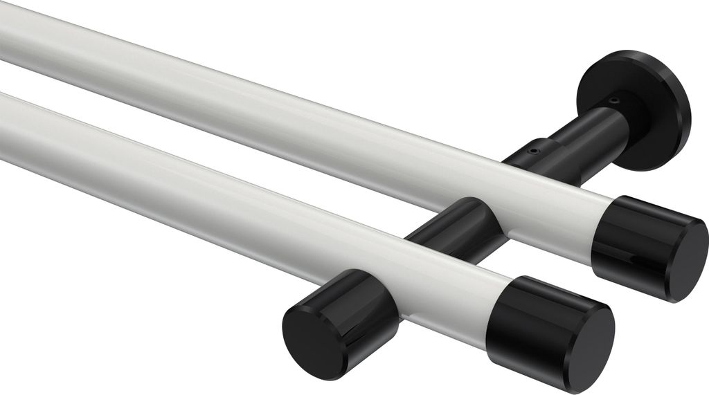 Interdeco Gardinenstange / Vorhangstange Weiß / Schwarz, Typ Prestige Santo (Kappe) ohne Ringe, 20 mm Ø 2-läufig, 420 cm