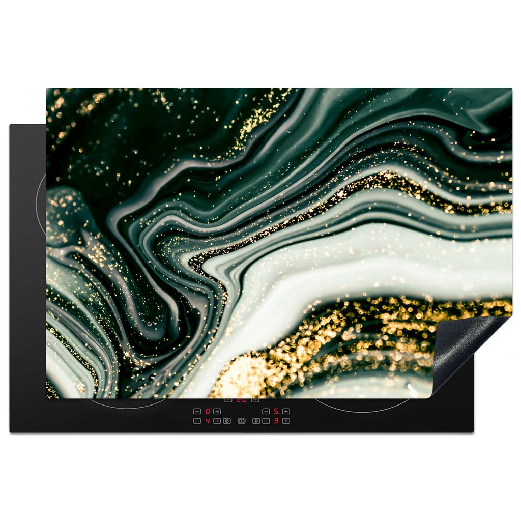 KitchenYeah Herdabdeckplatte Marmoroptik - Gold - Grün - Glitter - Design - Marmor , 77x51cm, Küche Deko, Glaskeramikkochfeld Herdabdeckung, Ab...