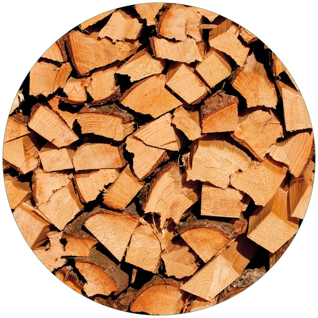 Wallario Premium Glasbild, freischwebende Optik, kräftige Farben, rund 50cm Durchmesser, Motiv Holzstapel gehackt - Holzscheite für den Kamin