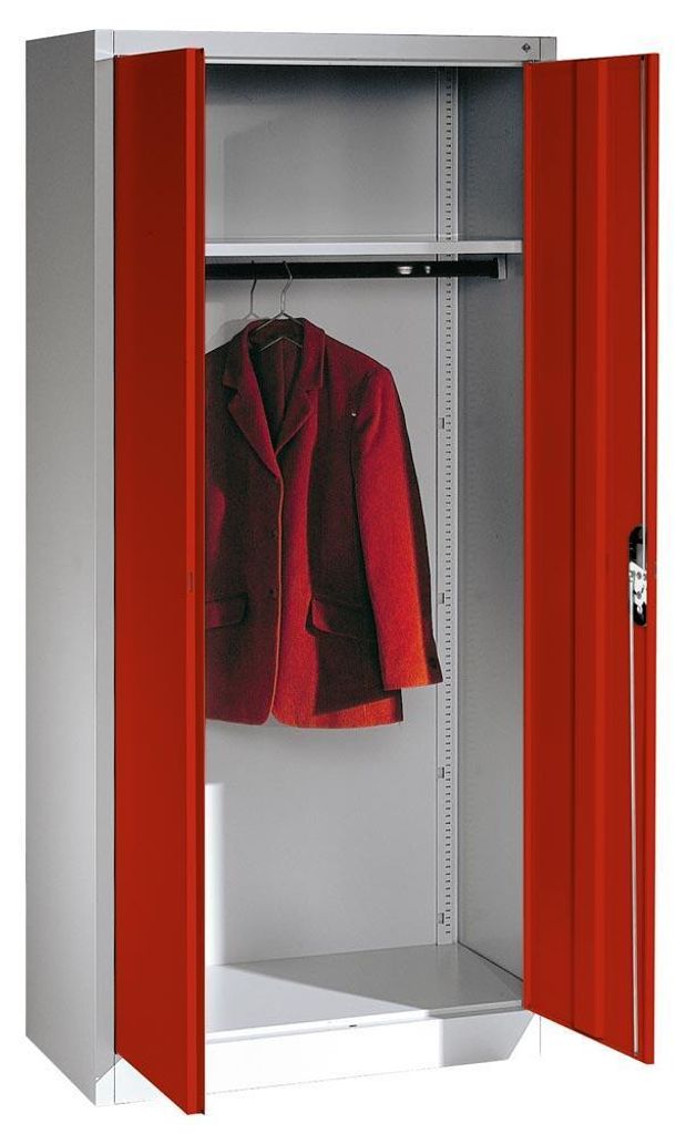 Flügeltürenschrank, BxTxH 930x500x1950 mm, 1 Hutboden, 1 Kleiderstange, RAL 7035/3003 lichtgrau/rubinrot