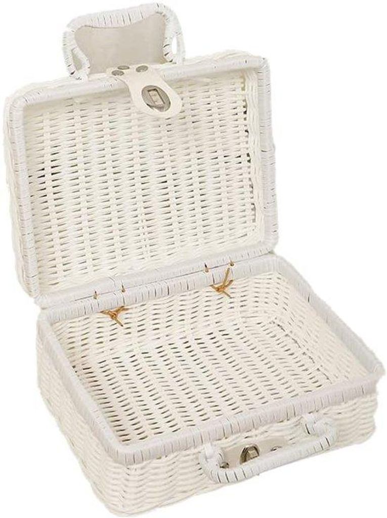 Plastik Rattan Picknickkoffer, 11 x 17 x 26 cm, weiß, mit Handgriffen und Metallschloss, für Camping, Fotoaccessoire