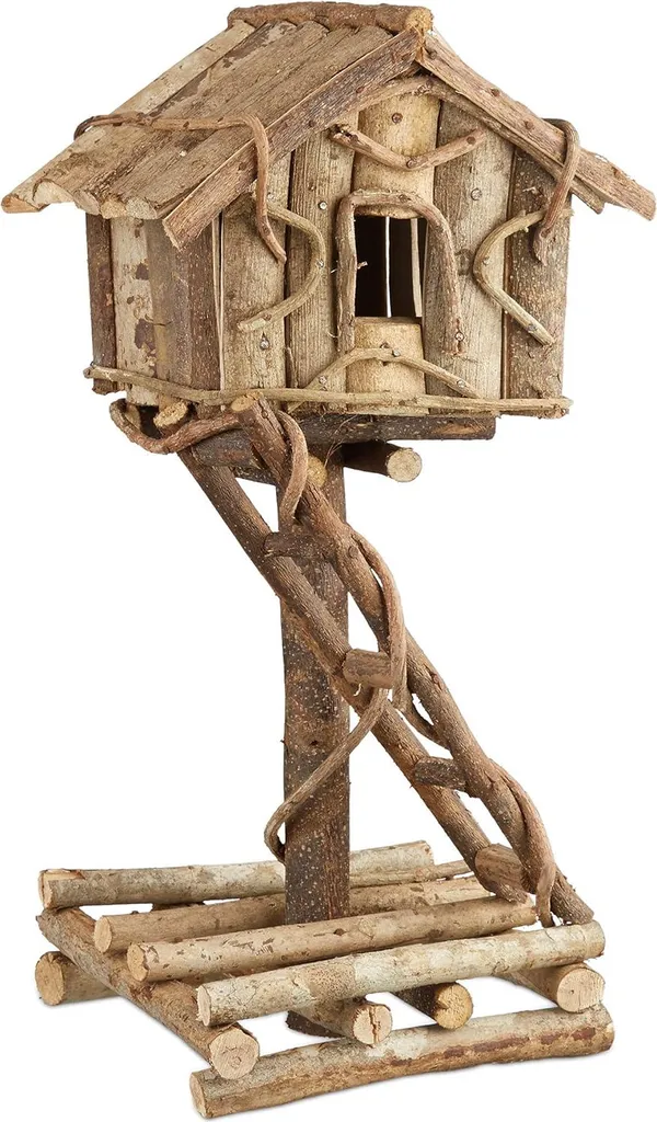 Abri oiseaux sur pied pour terrasse - Manger et nicher en bois brut