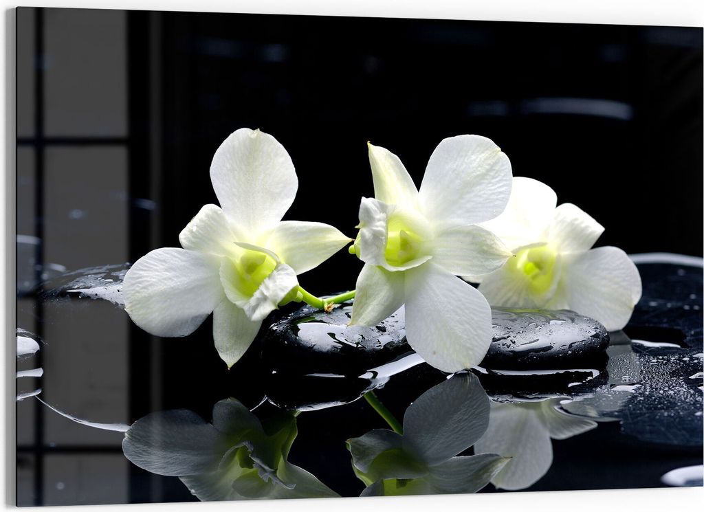 DEQORI Glasbild Echtglas 90x60 cm 'Orchidee mit Zen-Steinen' Wandbild Bild modern Deko