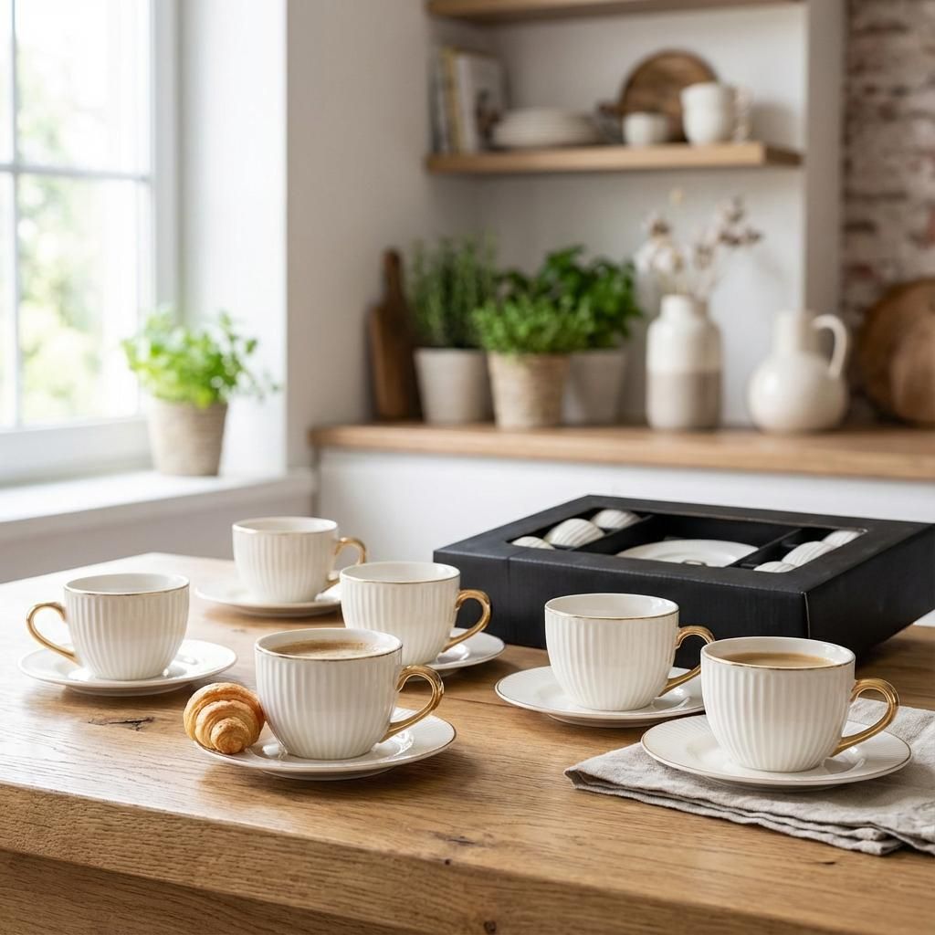 Set aus 6 Tassen mit Untertasse in Box ecru gestreift gold Ohr Aurora 260 ml