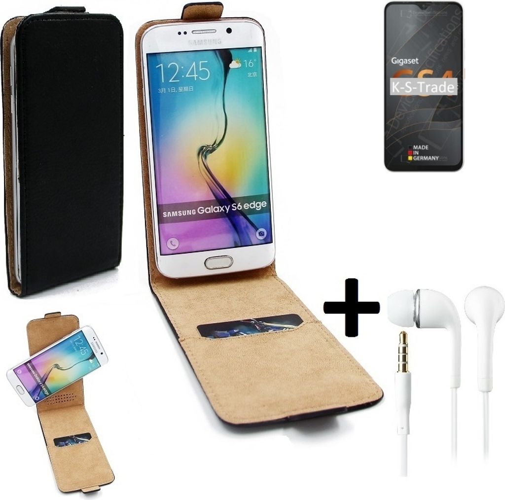 K-S-Trade Handyhülle + Kopfhörer kompatibel mit Gigaset GS4 360° Flipstyle Schutzhülle Smartphone Tasche Case Flip cover schwarz 1x