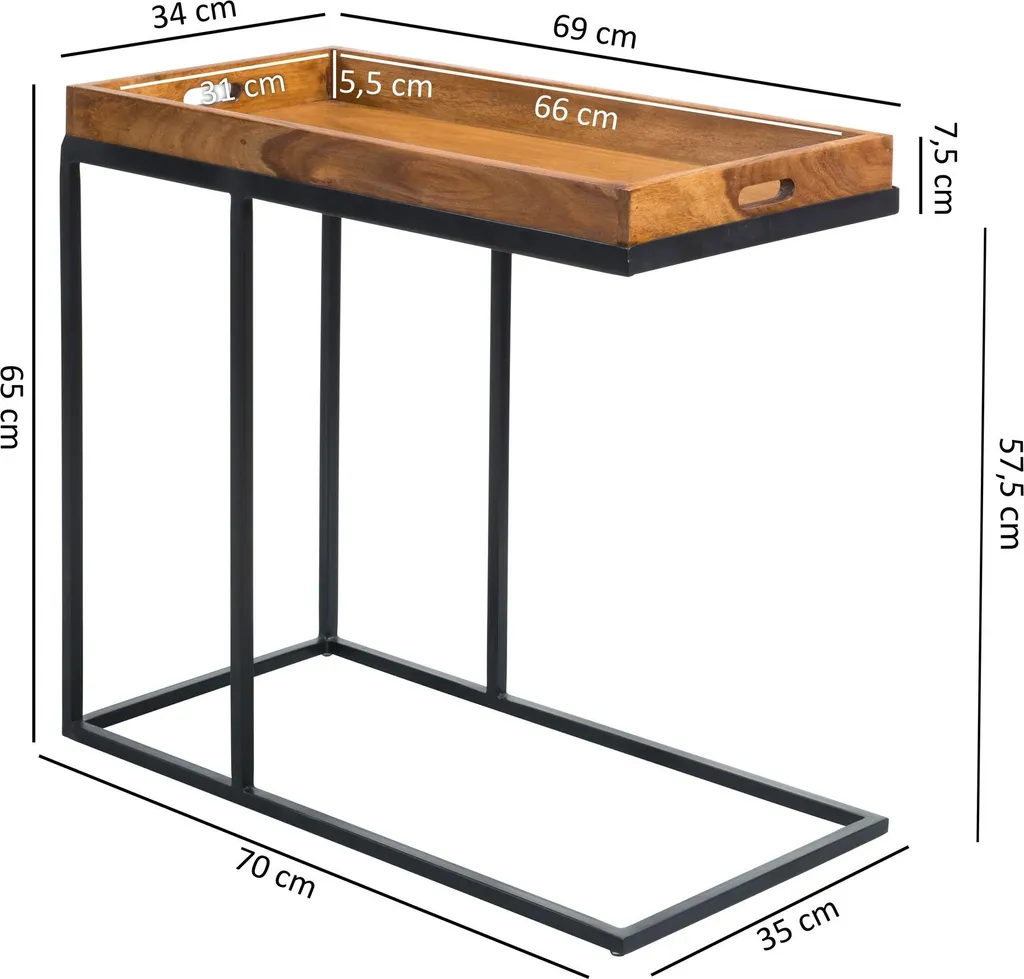 FineBuy tavolino 69 x 65 x 34 cm Sheesham legno massiccio struttura in metallo vassoio TV tavolo soggiorno piccolo tavolo da portata tavolino in legno naturale