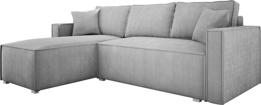 Ecksofa mit Schlaffunktion und Bettkasten NOEMI 145x235 cm, Eckcouch Cord Hellgrau, Sofa L-Form, Universal Ottomane, Couch mit Wellenfeder - PS 55