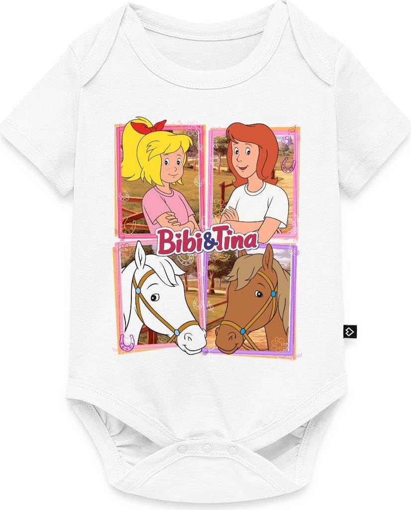 Spreadshirt Bibi Und Tina Mit Amadeus Und Sabrina Kachelmotiv Kurzarm Tages Baby Body, 62 (2-3 M.), Weiß