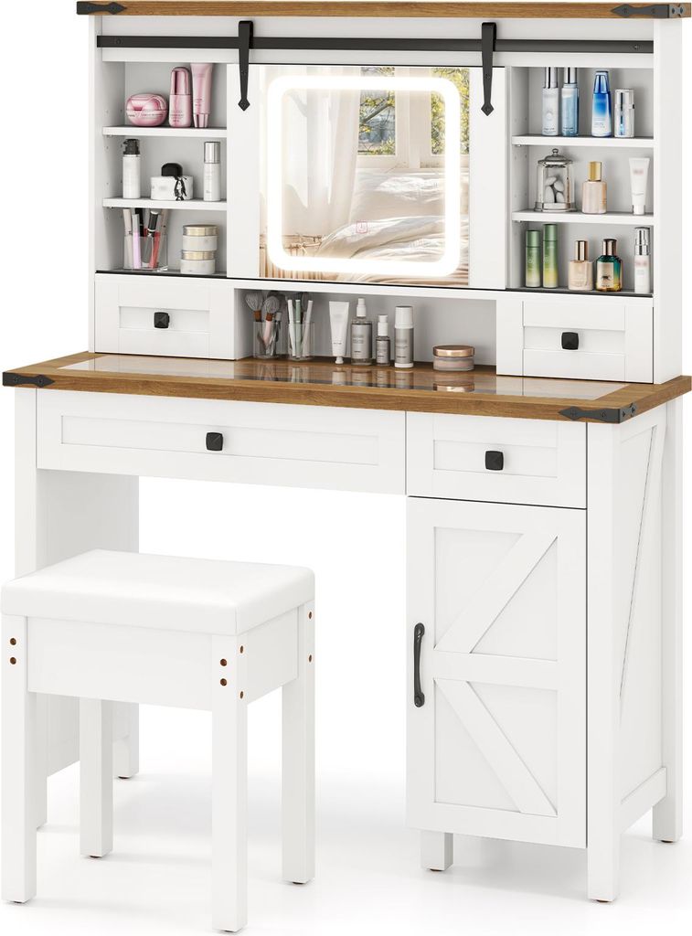 Schminktisch mit Spiegel und Hocker, 3-Farben LED-Lichtern, 4 Schubladen, höhenverstellbare Regale und Schiebespiegel aus Glas, 107 x 40 x 138 cm