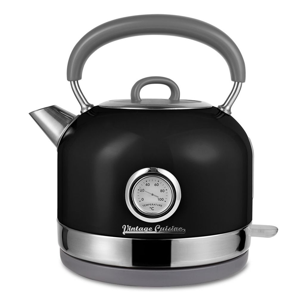 A black electric kettle with a thermometer on a white background.