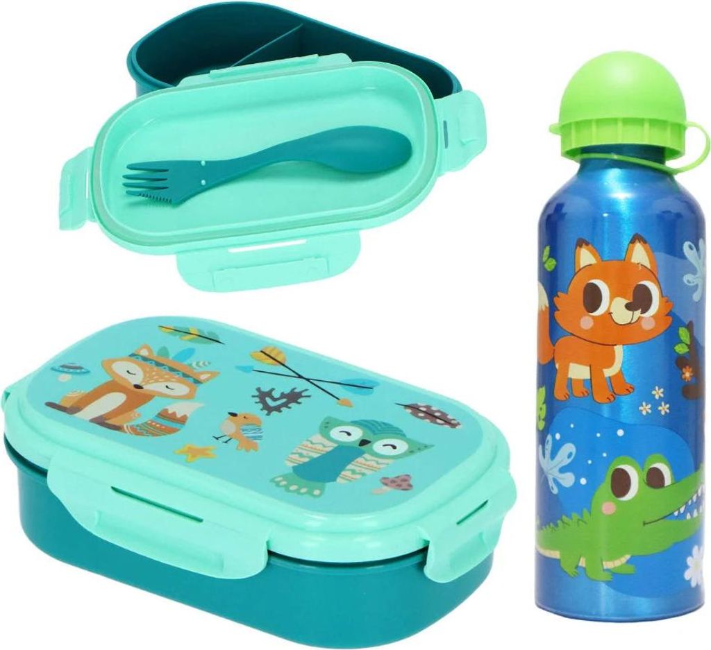 Waldtiere 3 tlg Kinder Lunch Set Brotdose Aluminium Trinkflasche 500 ml Göffel – Blau