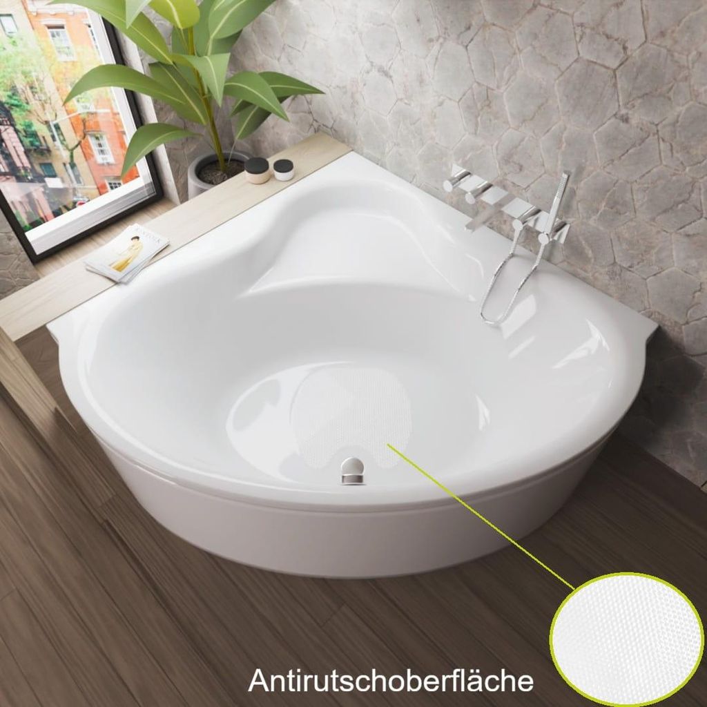 ECOLAM Badewanne Bala 140x140 cm mit Antirutsch + Schürze | Eckbadewanne moderne rutschfeste Wanne mit Sitz symmetrische Acrylwanne