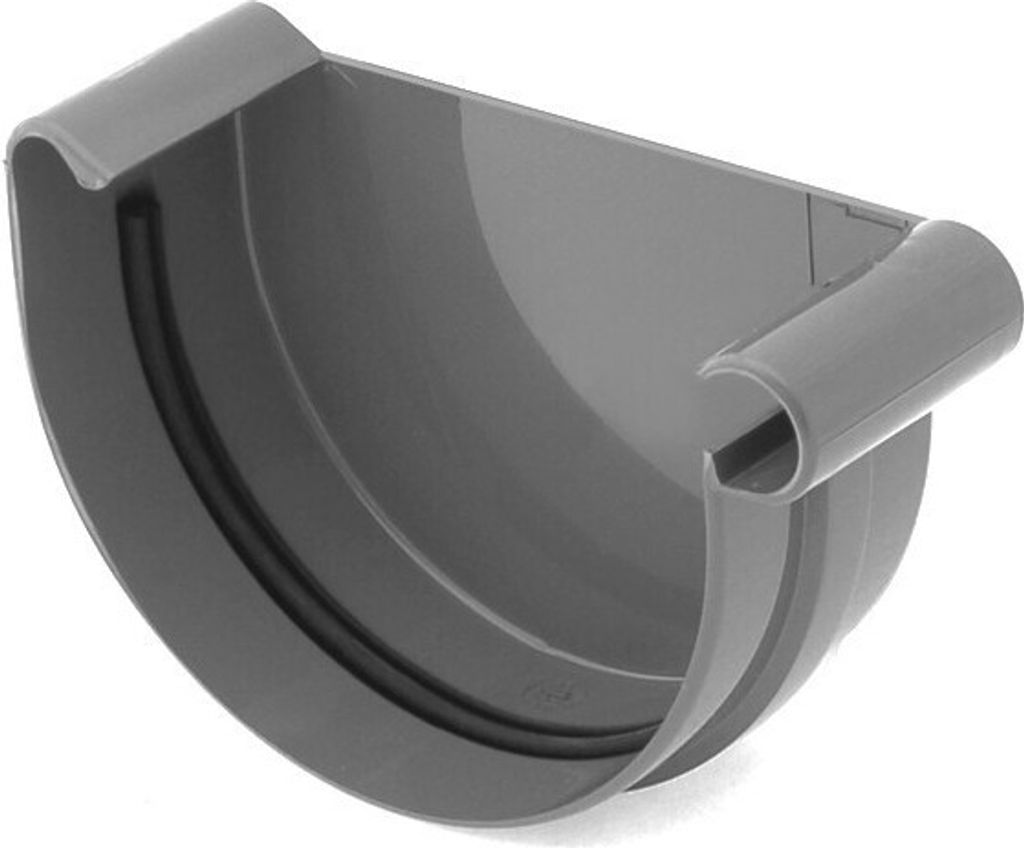 A gray plastic gutter end cap is shown against a white background.