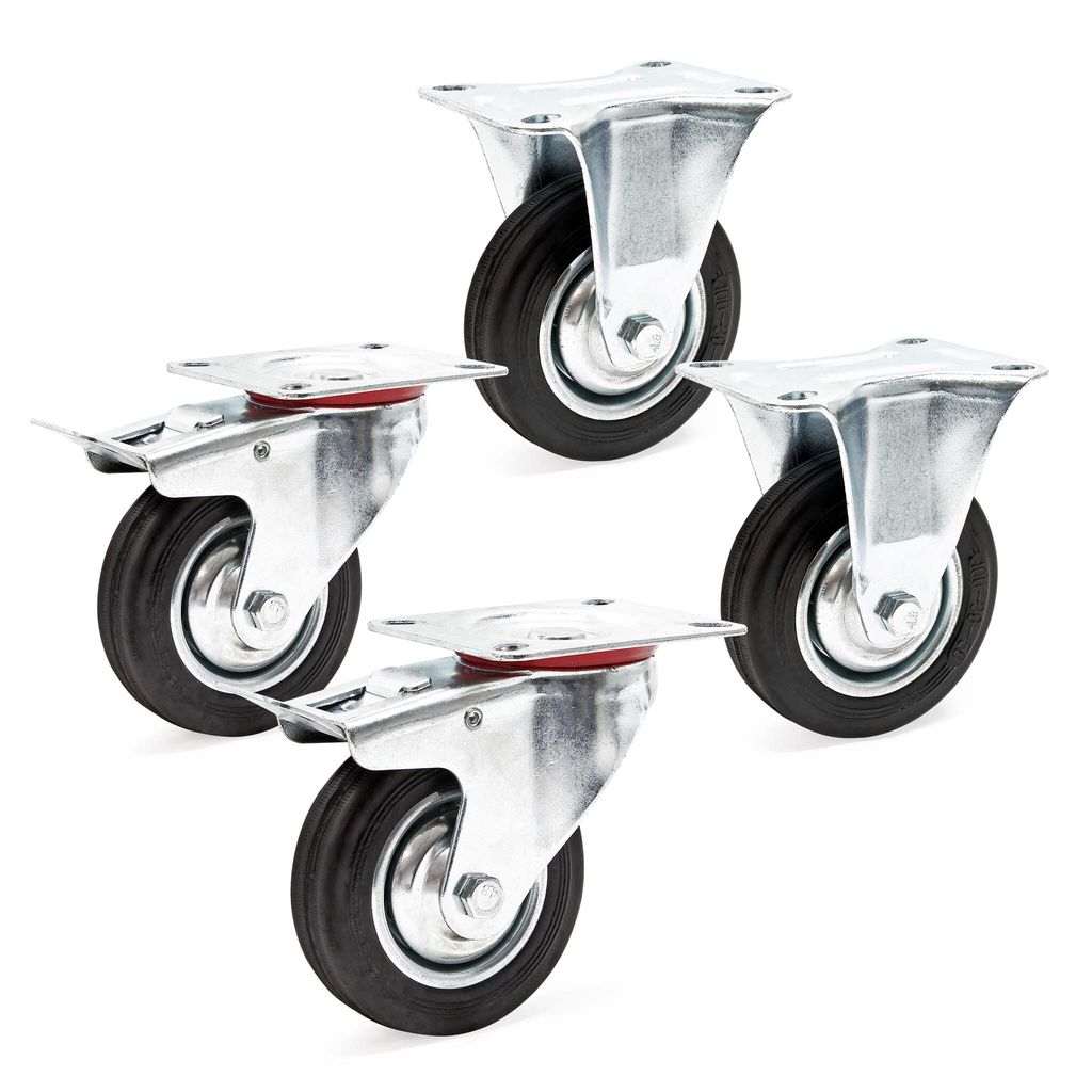 Wiltec Transportrollen Set 100mm 2x Doppelstopp-Lenkrolle und 2x Bockrolle mit Vollgummirad, 70kg pro Rad