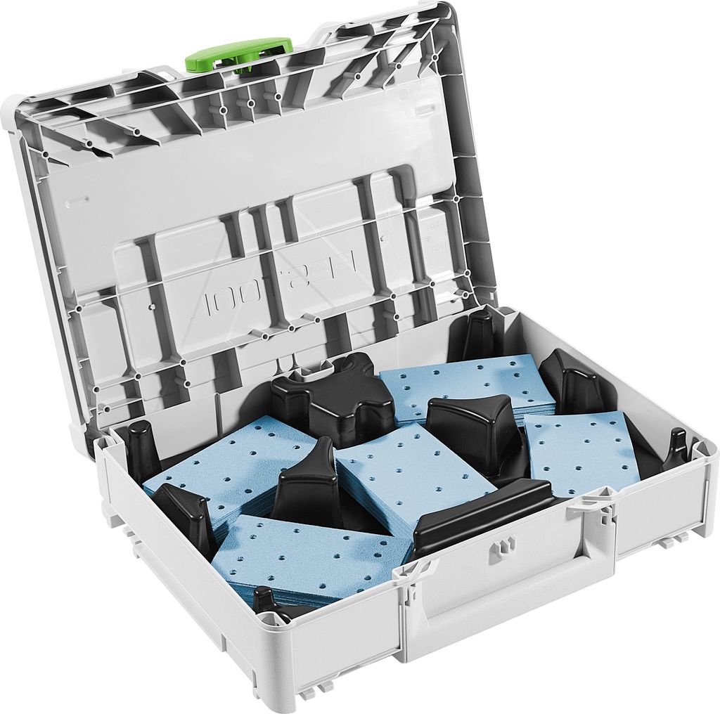 An open Systainer case containing blue abrasive sheets and black plastic holders.