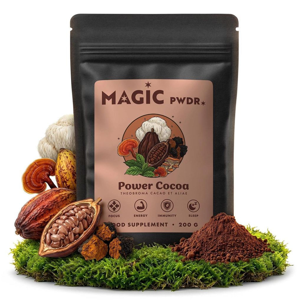 Magic Pwdr Power Cocoa Pulver 200g - Reishi, Chaga und Lion's Mane Pilz Extrakt - Kakao Mischung Für Entspannung, Schlaf, Stressabbau - Ohne Zucker