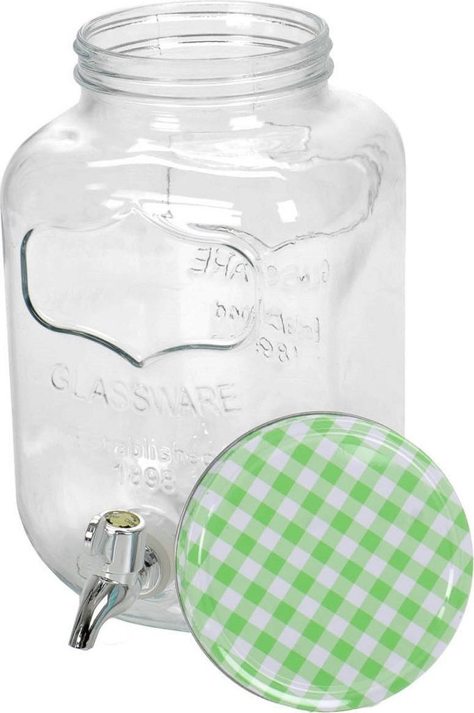 Getränkespender mit Schraubdeckel und Zapfhahn, Glas mit Relief und Schrift im Vintage-Design, Volumen ca. 4 L, grün