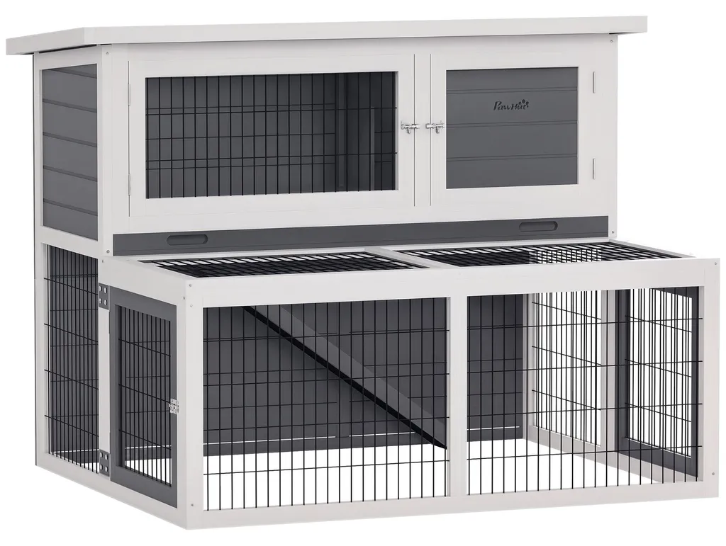 Clapier anti-prédateur en bois gris : protégez vos lapins à 2 étages