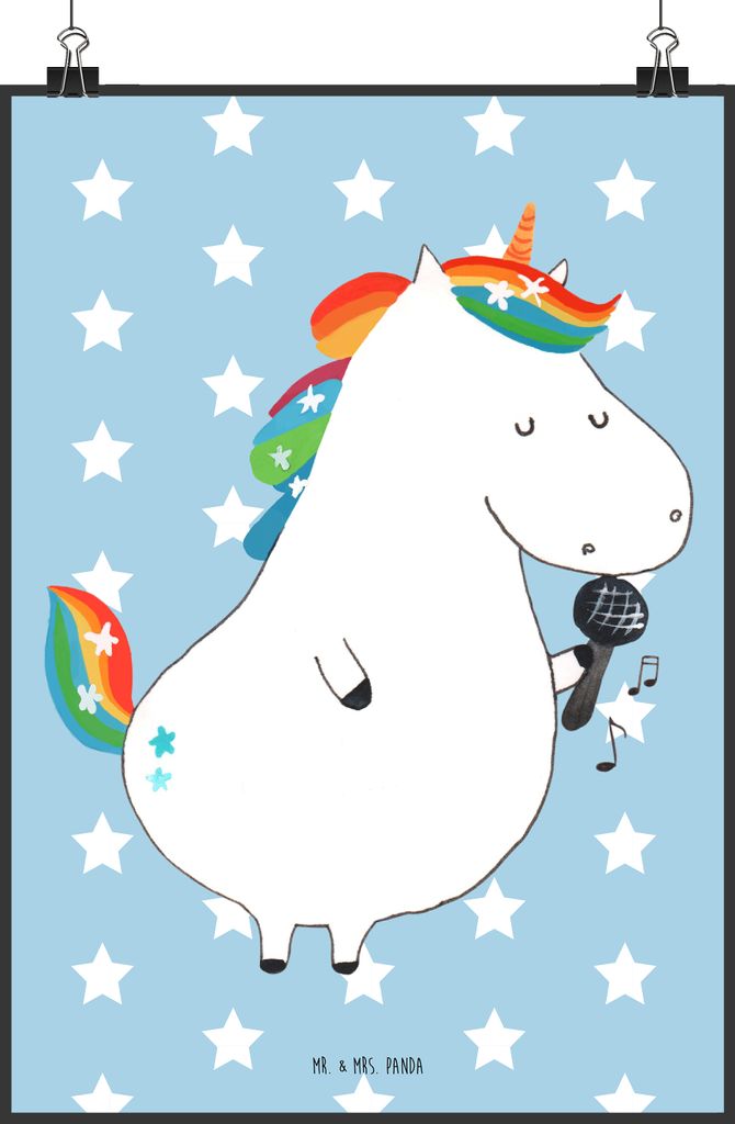 Mr. & Mrs. Panda Bild Einhorn Sänger DIN A2 - Blau Pastell - Geschenk, Sängerin, drucke, Unicorn, Wanddekoration, Deko, Glitzer, wanddeko, Geburt...