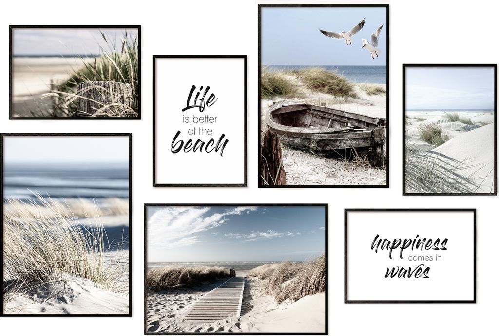 Hyggelig Home Premium Poster Set - 7 passende Bilder OHNE RAHMEN im stilvollen Set - 3 x DIN A3 + 4 x DIN A4 - Set Ocean