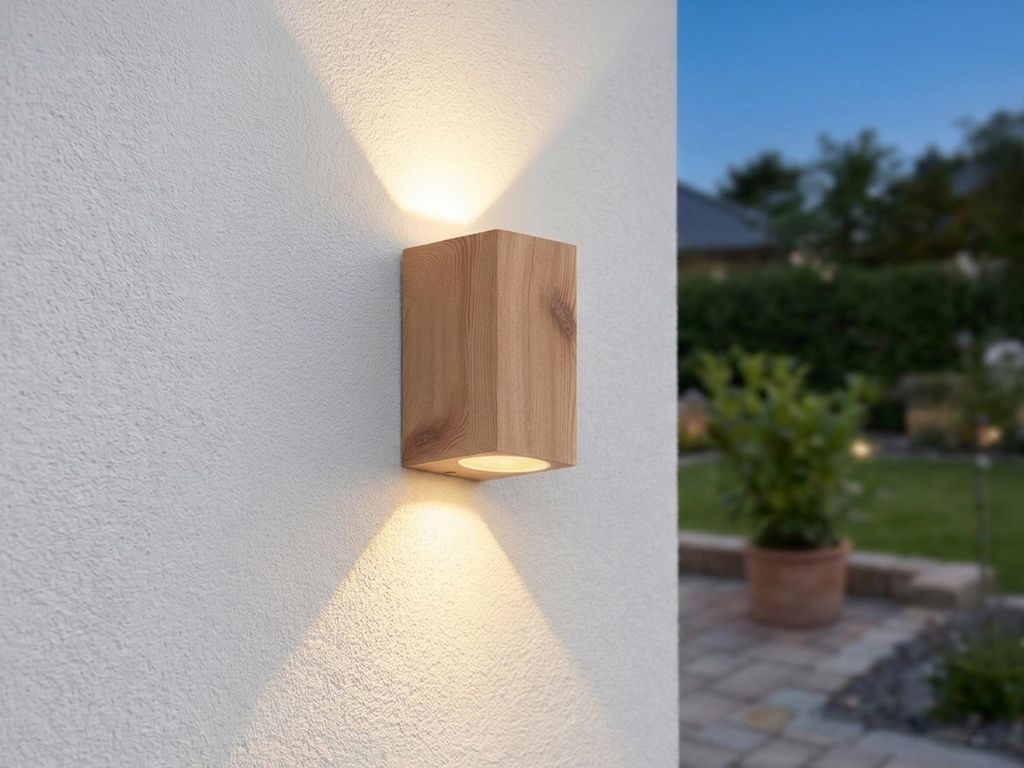 LED Up and Down Außenwandleuchte Aluminium in Holzoptik Fassadenlampe, H: 15cm