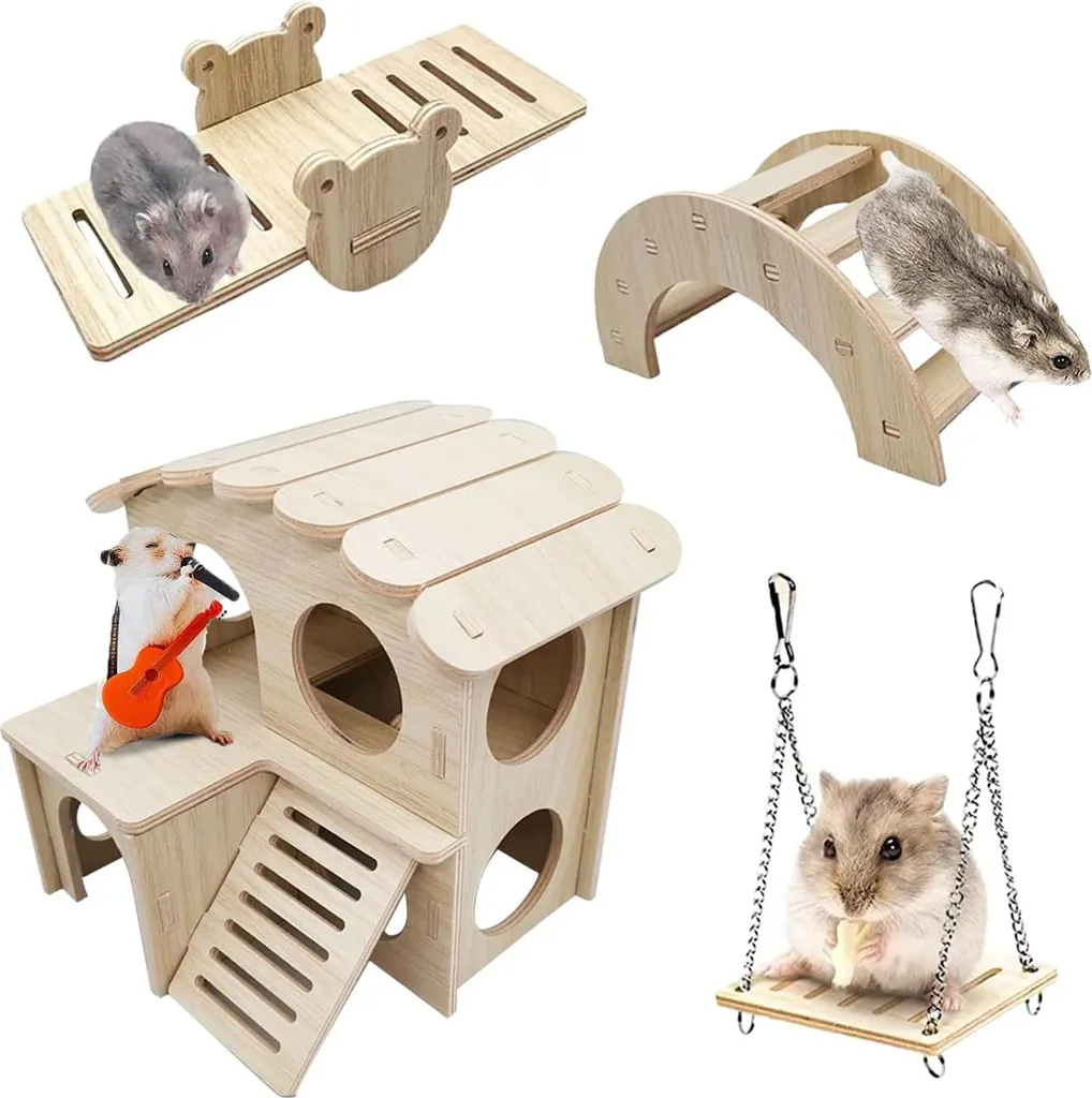 Accessoires hamster bois naturel : Maison, pont et aire d'escalade 5-en-1