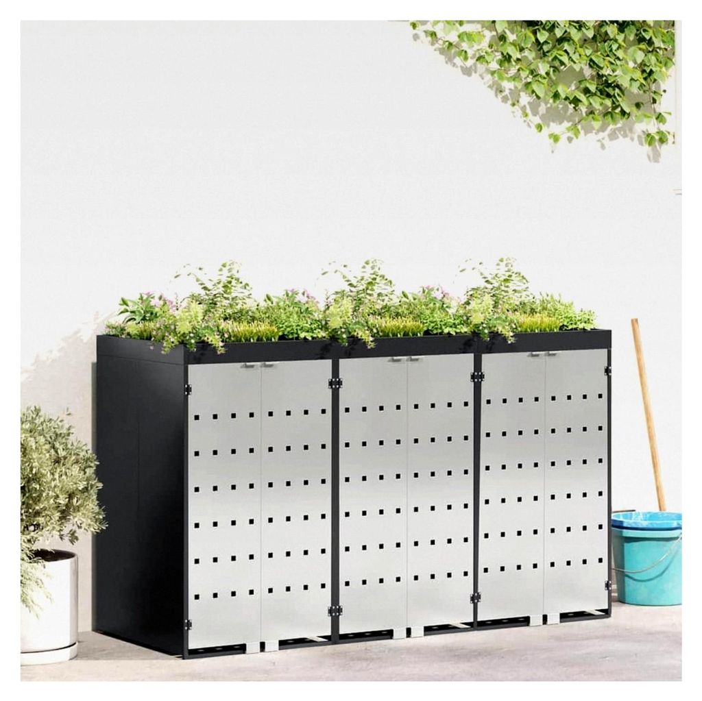 Müllbehälter für 3 Container 204 x 77,5 x 121,5 cm aus Stahl, Müllhaus für Abfallbehälter, Mülltonnenschuppen zur Abfallbehälterverkleidung