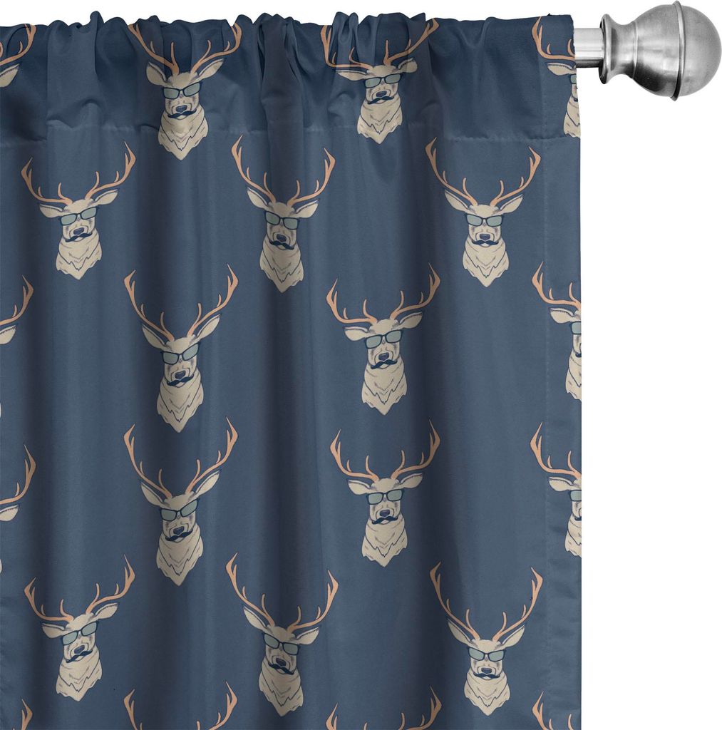 ABAKUHAUS Hirsch Vorhänge, Gardinen, Hipster Inspiriert Rentier Mit Der Sonnenbrille Schnurrbärte Lustige Tiermuster, 2 Stück 75 x 245 cm, Blaug...