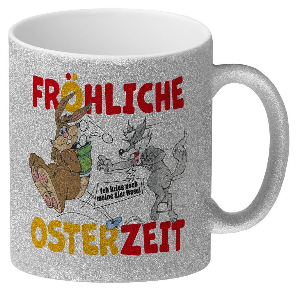 Osterhase und Wolf Glitzer-Kaffeebecher mit Spruch: Fröhliche Osterzeit! Eier