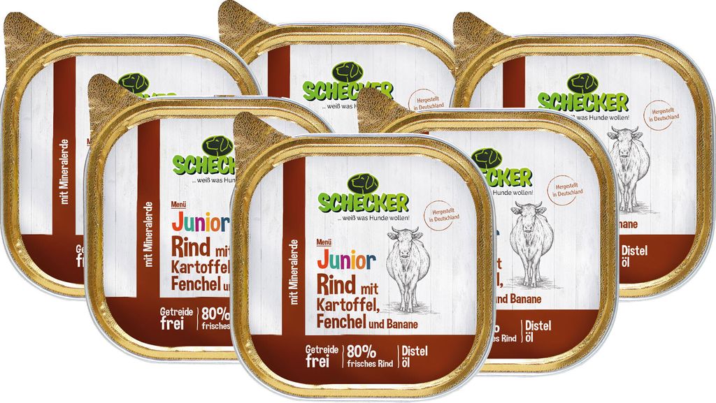 6 x 200 g - Schecker Nassfutter - Hundemenü - Junior Rind mit Kartoffel, Fenchel und Banane