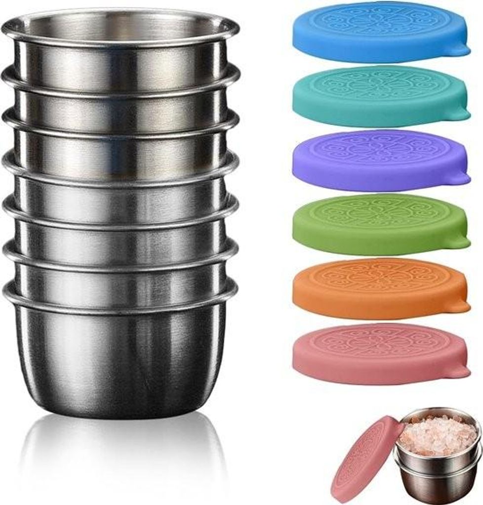 6er-Packung Dressingbehälter aus Edelstahl, ideal für unterwegs, Mini-Salatdressingbehälter (50 ml), wiederverwendbar, kleine Dosen, Lebensmitte...