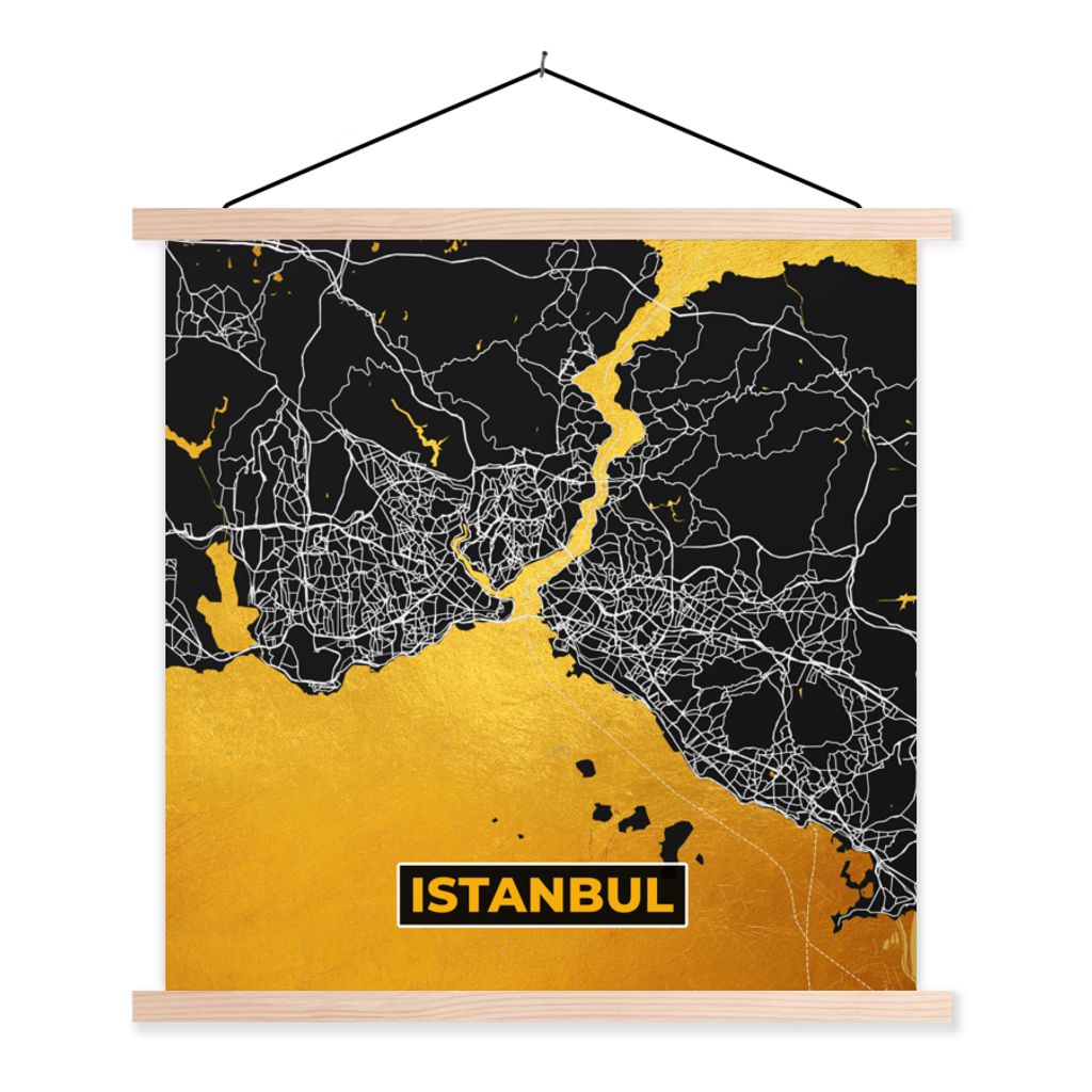 MuchoWow Textilposter Istanbul - Gold - Stadtplan - Karte 120x120 cm mit holzfarbenen Rahmen - Textil-Poster