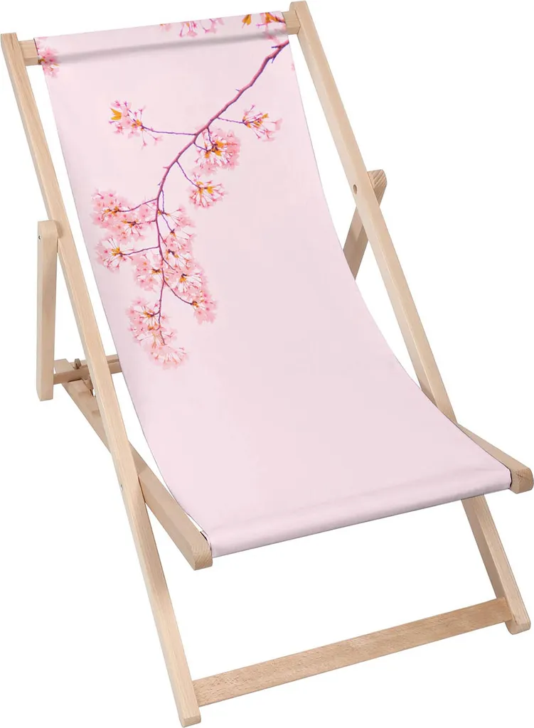 Sdraio Dreamroots pieghevole in legno fino a 130 kg, sdraio pieghevole con regolazione dell'inclinazione dello schienale in 3 fasi, Pink Floral Vibes