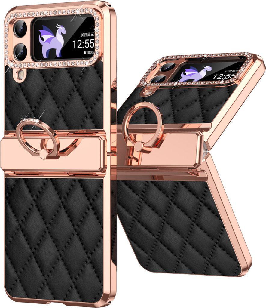 Leder Hülle für Samsung Galaxy Z Flip 4 5G mit Ringhalterung, Luxus Glitzer Bling Überzug Scharnierschutz Handyhülle Schwarz
