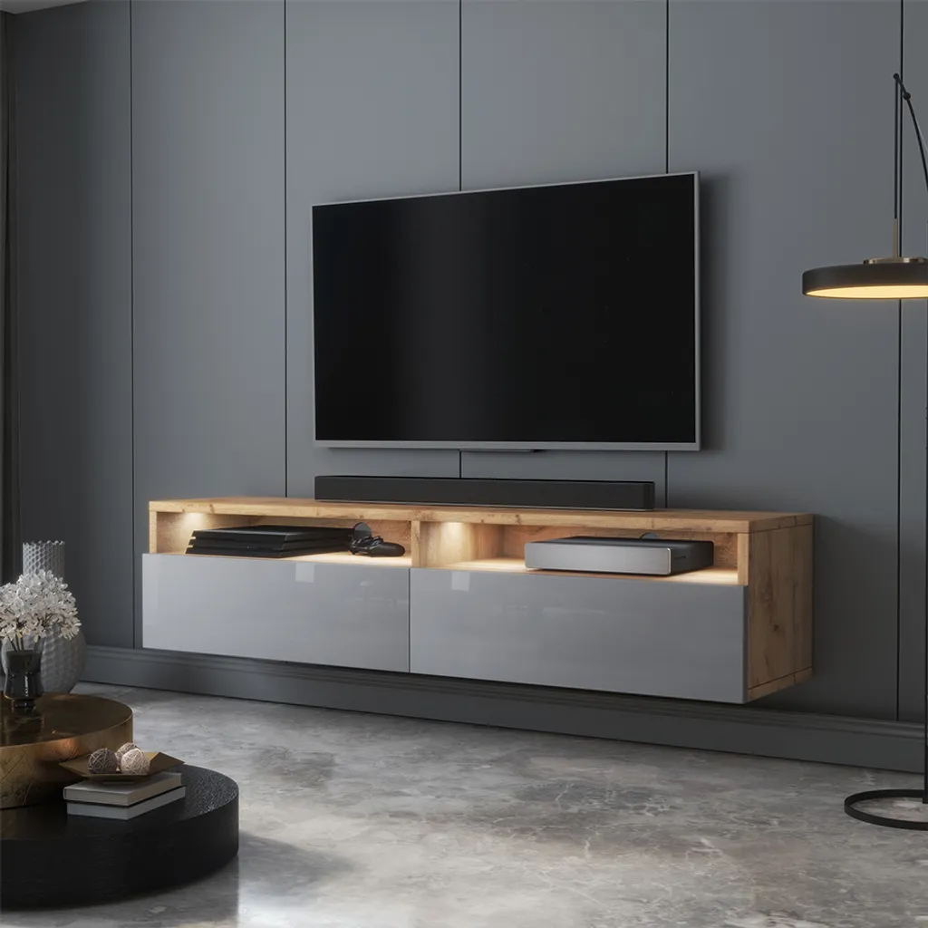 Meuble TV moderne REDNAW 140 cm en Chêne Wotan Mat et Gris Brillant